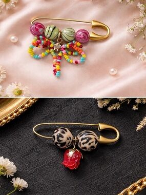 Handcrafted Colorful Bead Bow and Leopard Charm Safety Pin Brooches